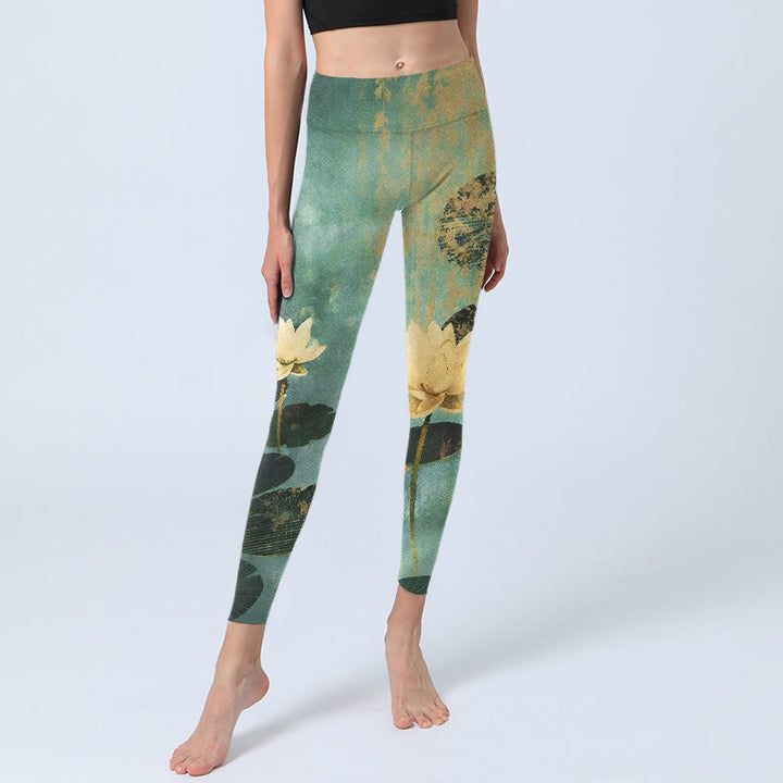 Buddha Stones Leggings de sport pour femmes avec imprimé de feuilles de lotus classiques et pantalon de yoga - image 5