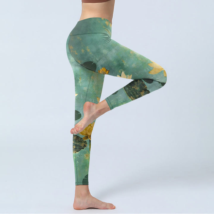 Buddha Stones Leggings de sport pour femmes avec imprimé de feuilles de lotus classiques et pantalon de yoga - image 3