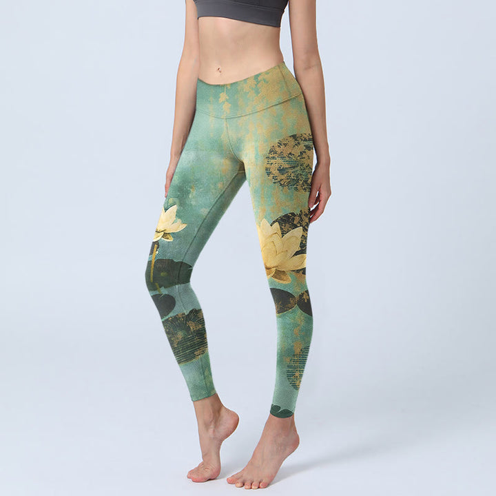 Buddha Stones Leggings de sport pour femmes avec imprimé de feuilles de lotus classiques et pantalon de yoga - Aigue-marine moyenne - US18，UK/AU22，EU50 (4XL) - image 0