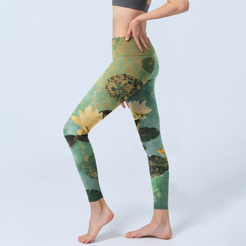 Buddha Stones Leggings de sport pour femmes avec imprimé de feuilles de lotus classiques et pantalon de yoga - image 2