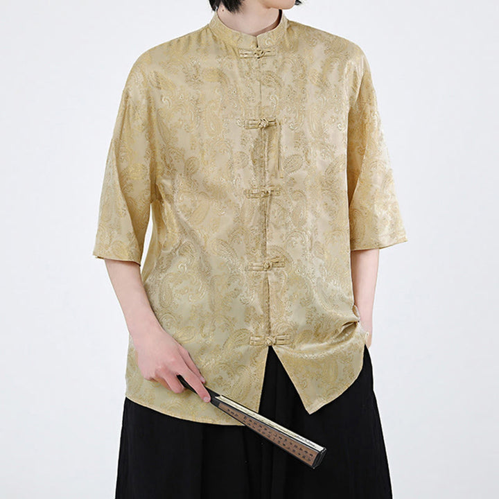 Buddha Stones Chemise d'été pour homme à manches courtes et boutons grenouille, motif de feuilles de vigne et de fleurs - image 12