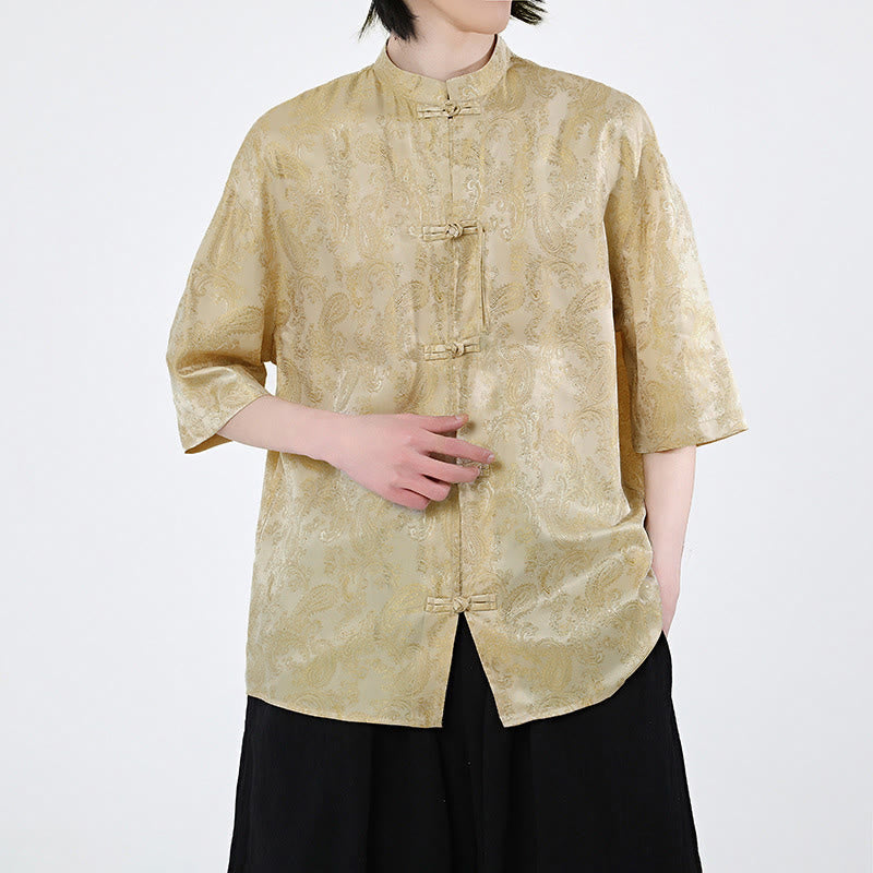 Buddha Stones Chemise d'été pour homme à manches courtes et boutons grenouille, motif de feuilles de vigne et de fleurs - image 11