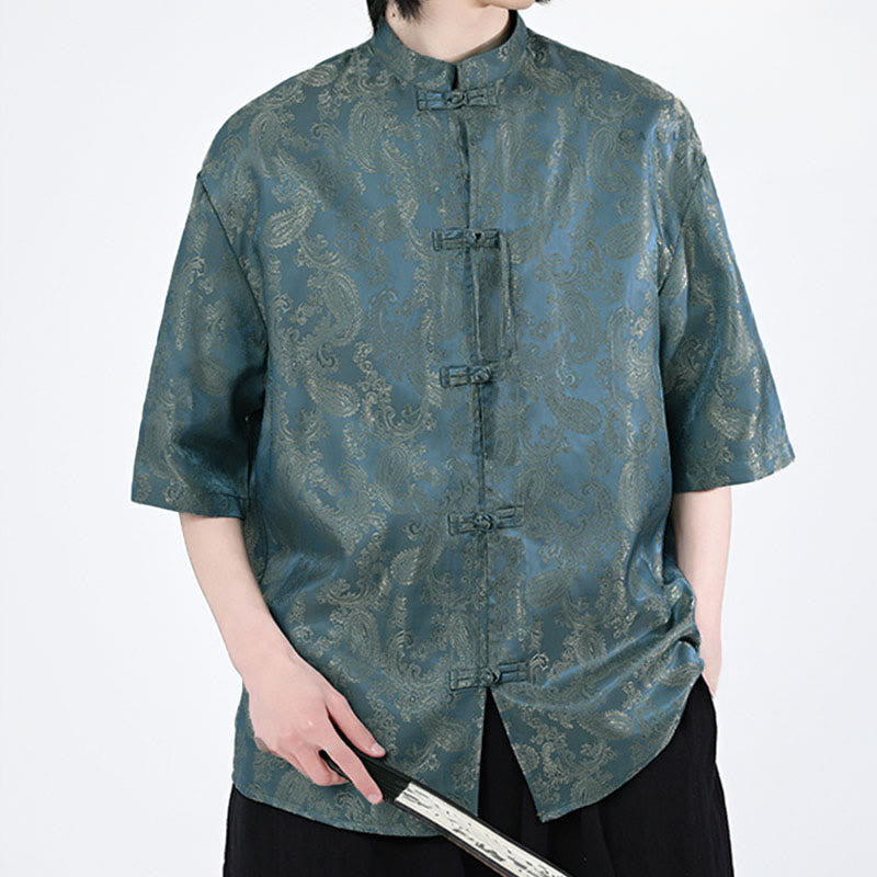 Buddha Stones Chemise d'été pour homme à manches courtes et boutons grenouille, motif de feuilles de vigne et de fleurs - image 3