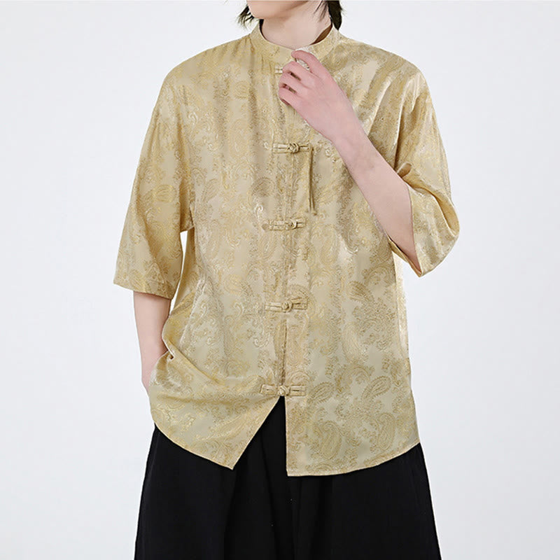 Buddha Stones Chemise d'été pour homme à manches courtes et boutons grenouille, motif de feuilles de vigne et de fleurs - image 13