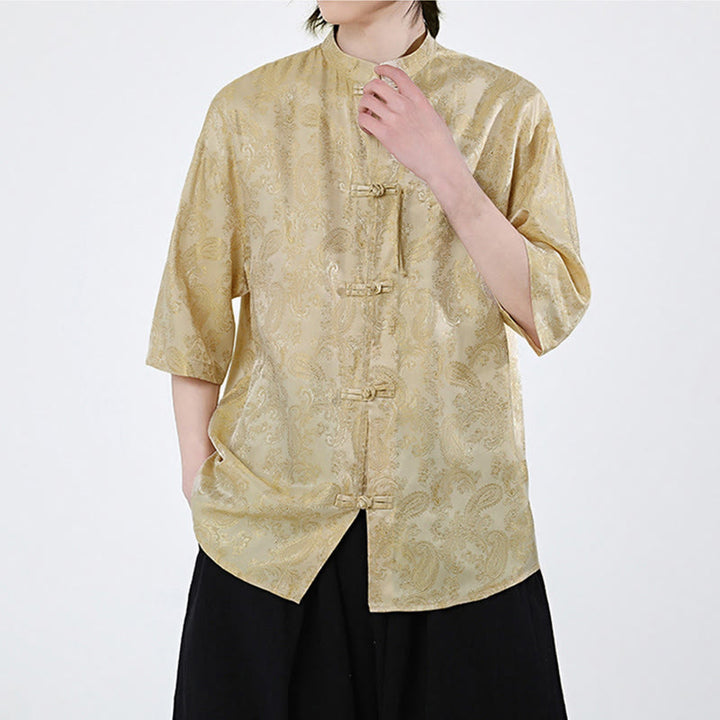 Buddha Stones Chemise d'été pour homme à manches courtes et boutons grenouille, motif de feuilles de vigne et de fleurs - image 13