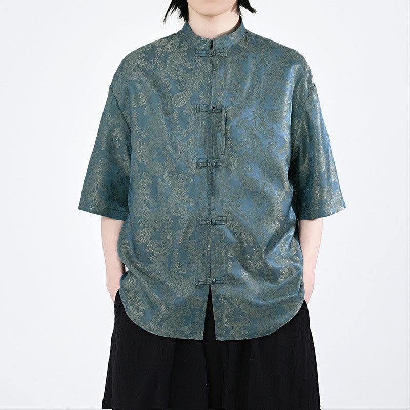 Buddha Stones Chemise d'été pour homme à manches courtes et boutons grenouille, motif de feuilles de vigne et de fleurs - SteelBlue - US/UK/AU46，EU56 (5XL) - image 0
