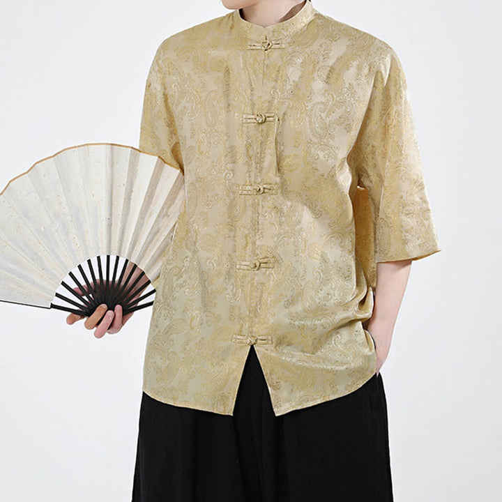 Buddha Stones Chemise d'été pour homme à manches courtes et boutons grenouille, motif de feuilles de vigne et de fleurs - image 9