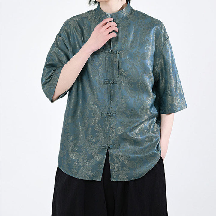 Buddha Stones Chemise d'été pour homme à manches courtes et boutons grenouille, motif de feuilles de vigne et de fleurs - image 4