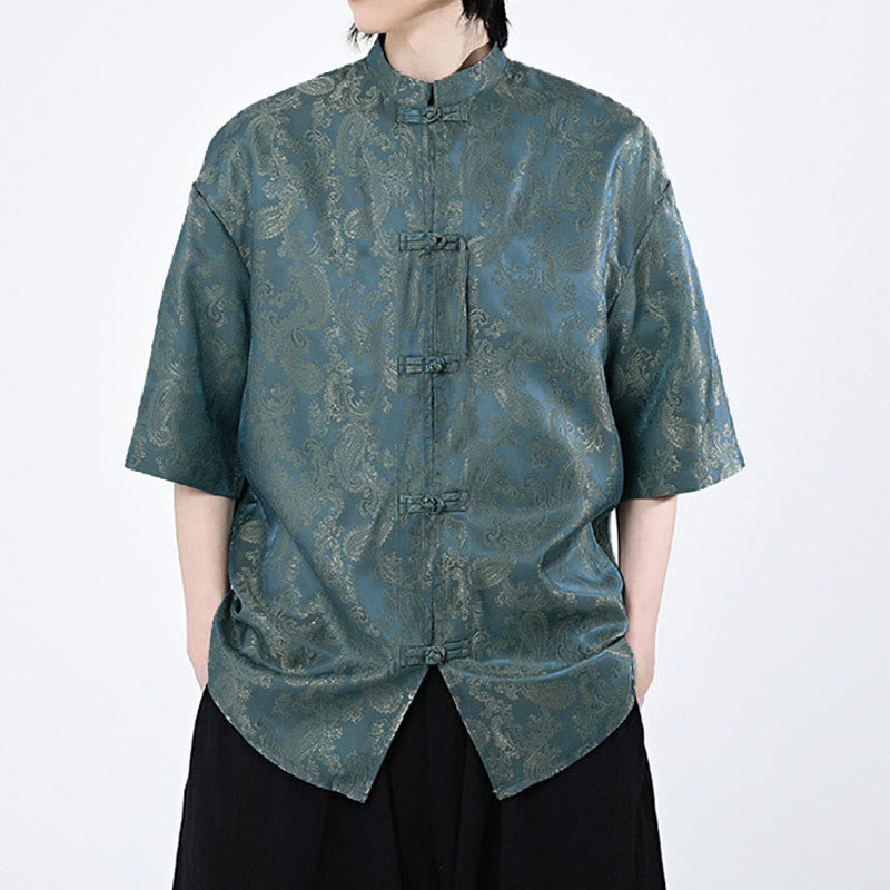 Buddha Stones Chemise d'été pour homme à manches courtes et boutons grenouille, motif de feuilles de vigne et de fleurs - image 1