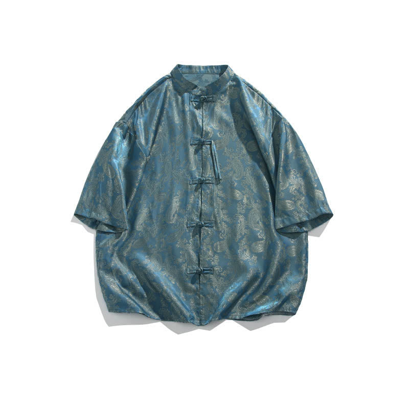 Buddha Stones Chemise d'été pour homme à manches courtes et boutons grenouille, motif de feuilles de vigne et de fleurs - image 7