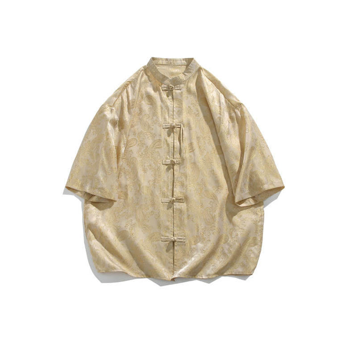 Buddha Stones Chemise d'été pour homme à manches courtes et boutons grenouille, motif de feuilles de vigne et de fleurs - image 14