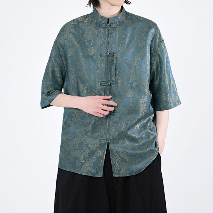 Buddha Stones Chemise d'été pour homme à manches courtes et boutons grenouille, motif de feuilles de vigne et de fleurs - image 5