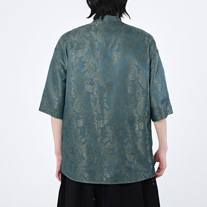 Buddha Stones Chemise d'été pour homme à manches courtes et boutons grenouille, motif de feuilles de vigne et de fleurs - image 6