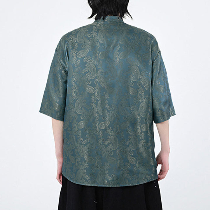 Buddha Stones Chemise d'été pour homme à manches courtes et boutons grenouille, motif de feuilles de vigne et de fleurs - image 6