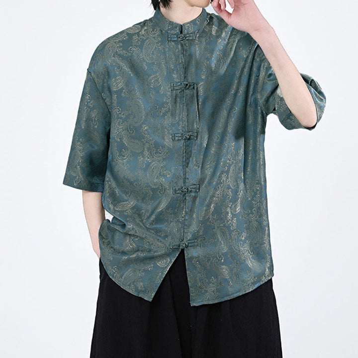 Buddha Stones Chemise d'été pour homme à manches courtes et boutons grenouille, motif de feuilles de vigne et de fleurs - image 2