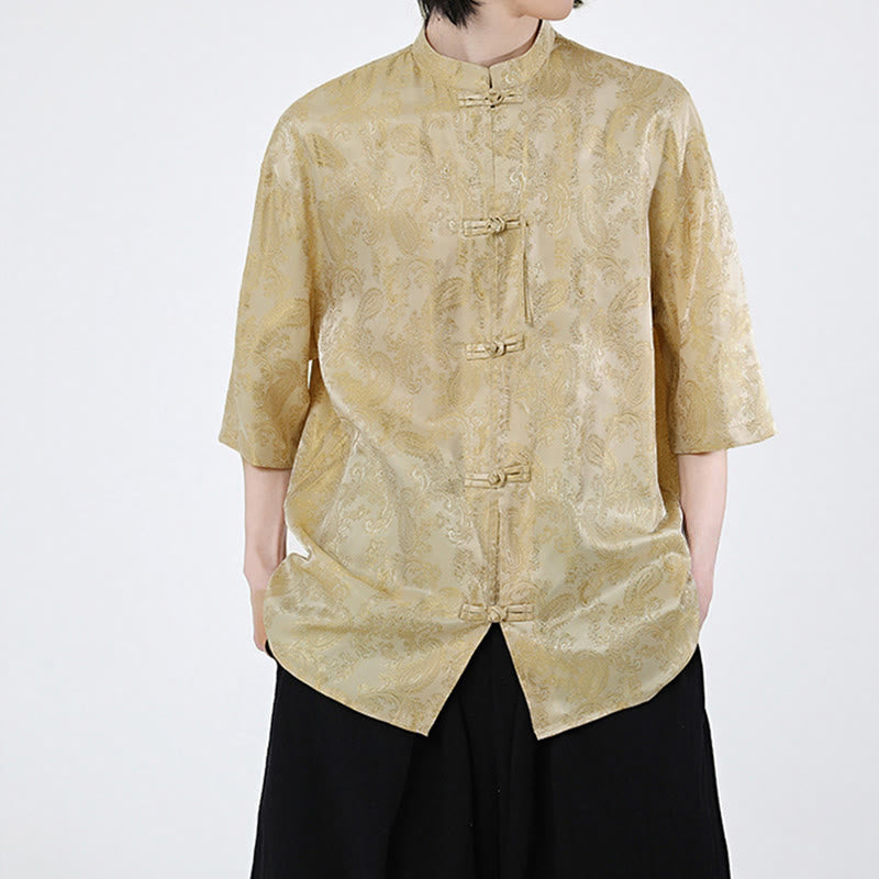 Buddha Stones Chemise d'été pour homme à manches courtes et boutons grenouille, motif de feuilles de vigne et de fleurs - image 10