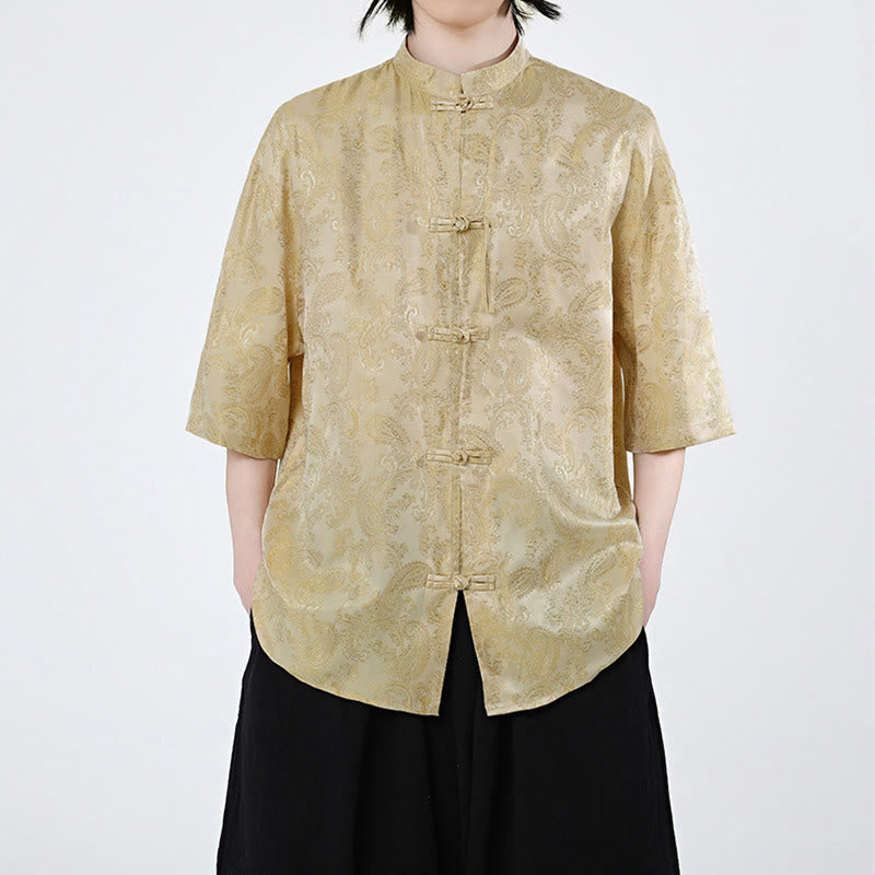 Buddha Stones Chemise d'été pour homme à manches courtes et boutons grenouille, motif de feuilles de vigne et de fleurs - Or - US/UK/AU46，EU56 (5XL) - image 8