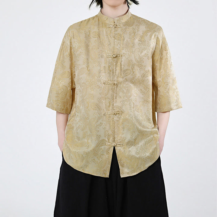 Buddha Stones Chemise d'été pour homme à manches courtes et boutons grenouille, motif de feuilles de vigne et de fleurs - Or - US/UK/AU46，EU56 (5XL) - image 8