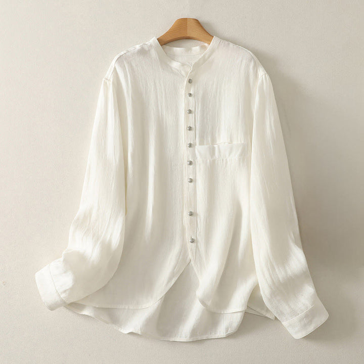 Buddha Stones Chemise en coton unie à manches longues et col en V pour femme, idéale pour le printemps - Blanc - US8-10，UK/AU12-14，EU40-42 (2XL) - image 5