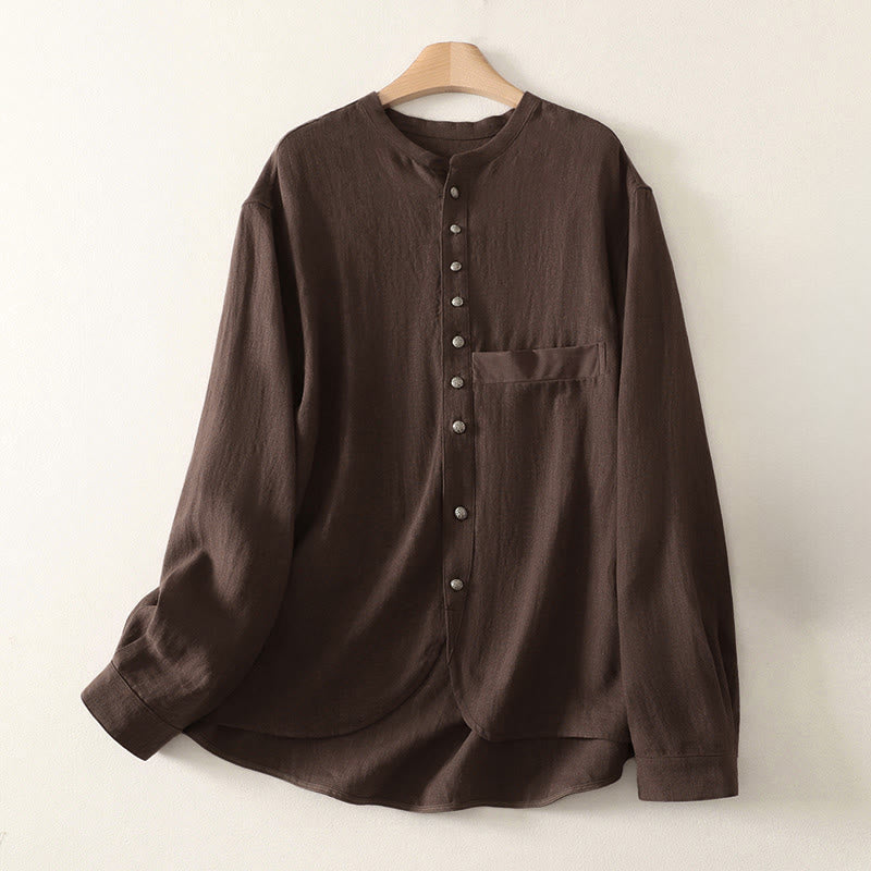 Buddha Stones Chemise en coton unie à manches longues et col en V pour femme, idéale pour le printemps - SaddleBrown - US8-10，UK/AU12-14，EU40-42 (2XL) - image 0