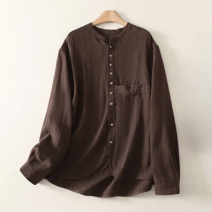 Buddha Stones Chemise en coton unie à manches longues et col en V pour femme, idéale pour le printemps - SaddleBrown - US8-10，UK/AU12-14，EU40-42 (2XL) - image 0