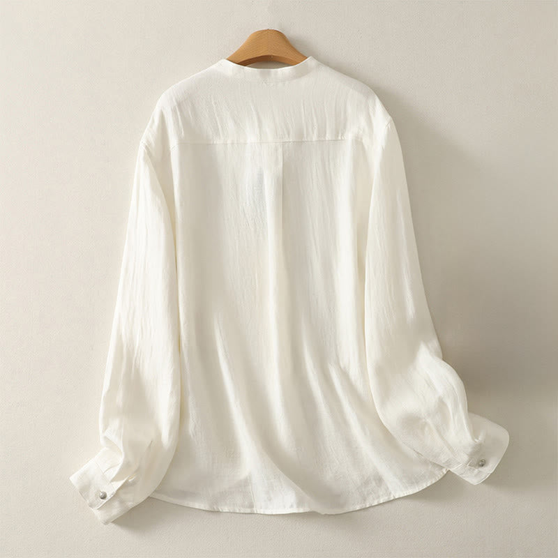 Buddha Stones Chemise en coton unie à manches longues et col en V pour femme, idéale pour le printemps - image 6