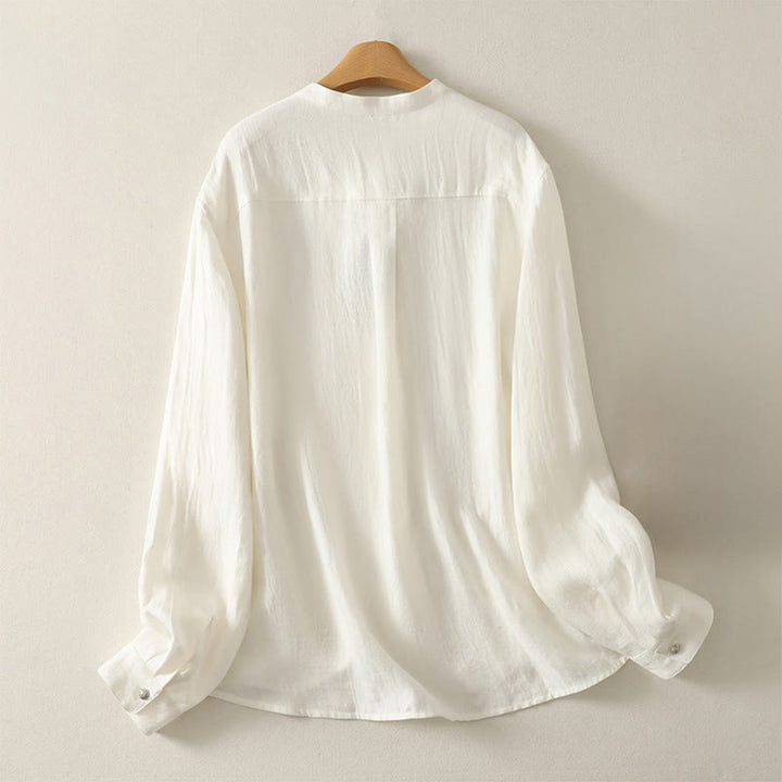 Buddha Stones Chemise en coton unie à manches longues et col en V pour femme, idéale pour le printemps - image 6