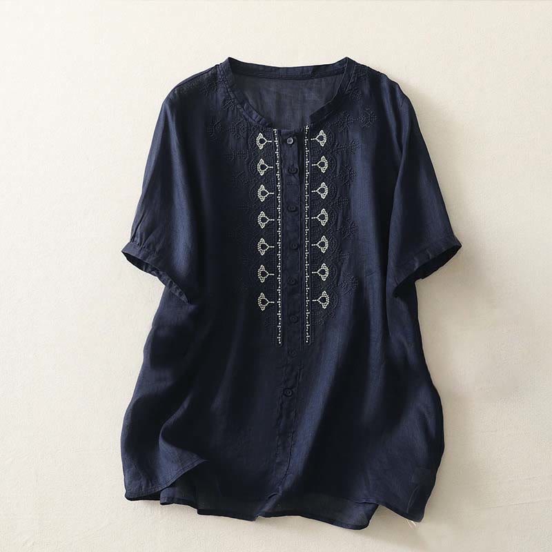Buddha Stones Chemise d'été à manches courtes et col rond en polyester pour femme - Bleu nuit - US12，UK/AU16，EU44 (2XL) - image 0