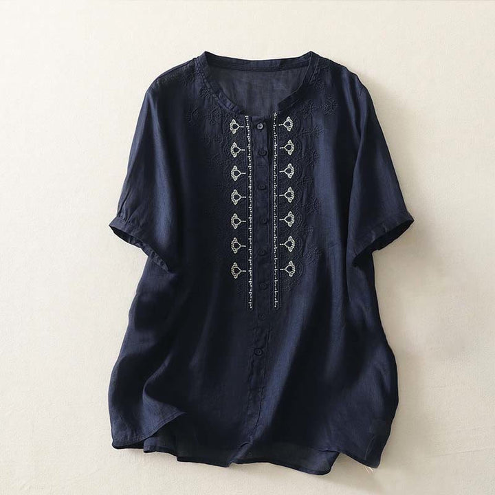 Buddha Stones Chemise d'été à manches courtes et col rond en polyester pour femme - Bleu nuit - US12，UK/AU16，EU44 (2XL) - image 0