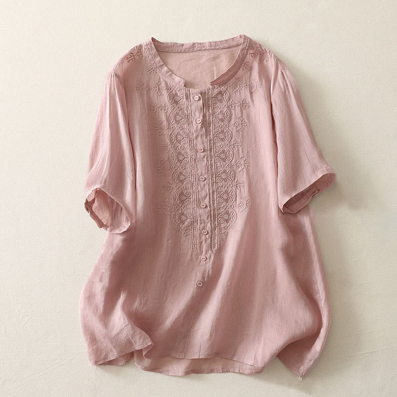Buddha Stones Chemise d'été à manches courtes et col rond en polyester pour femme - Rose - US12，UK/AU16，EU44 (2XL) - image 5