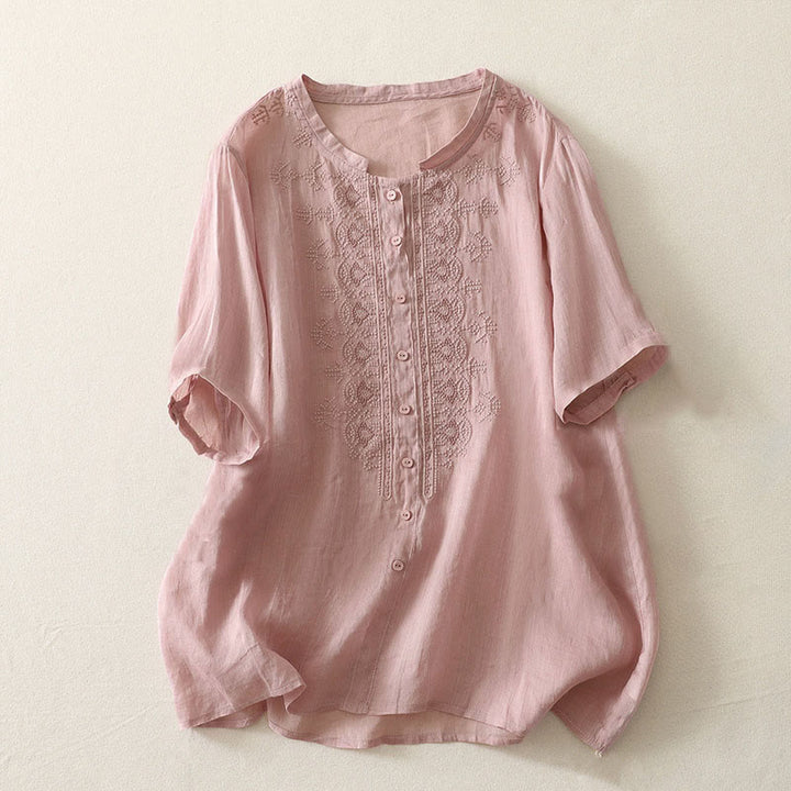 Buddha Stones Chemise d'été à manches courtes et col rond en polyester pour femme - Rose - US12，UK/AU16，EU44 (2XL) - image 5