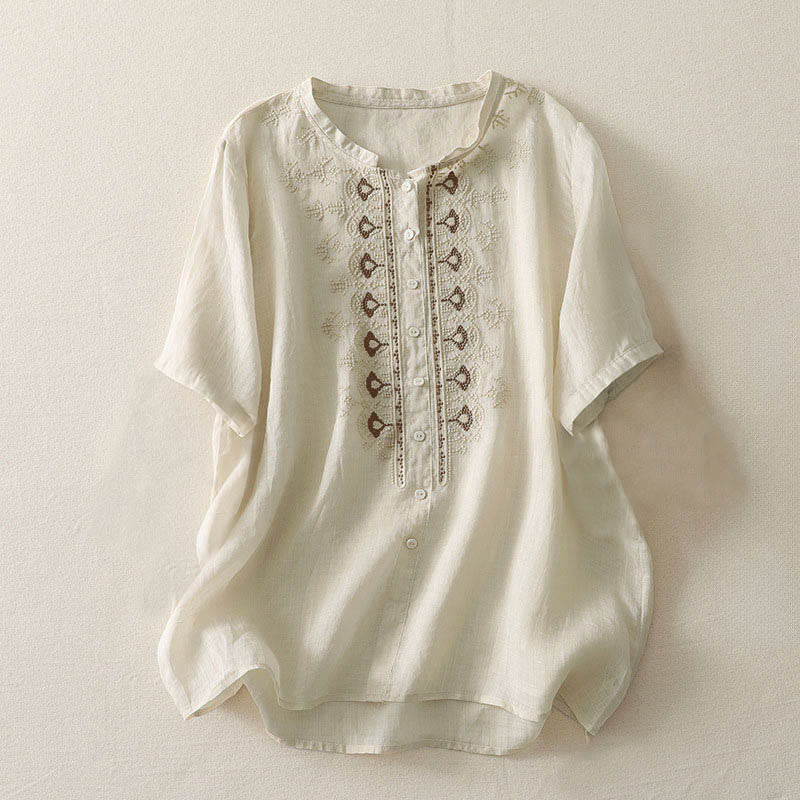 Buddha Stones Chemise d'été à manches courtes et col rond en polyester pour femme - Beige - US12，UK/AU16，EU44 (2XL) - image 14