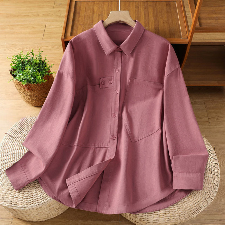 Buddha Stones Chemise en coton à manches longues et col uni pour femme, avec poches, idéale pour le printemps - Rose foncé - US12，UK/AU16，EU44 (2XL) - image 0