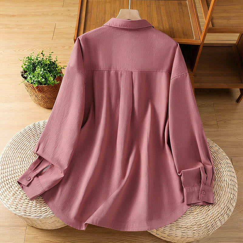 Buddha Stones Chemise en coton à manches longues et col uni pour femme, avec poches, idéale pour le printemps - image 1