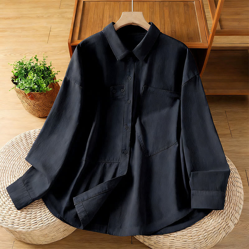 Buddha Stones Chemise en coton à manches longues et col uni pour femme, avec poches, idéale pour le printemps - Noir - US12，UK/AU16，EU44 (2XL) - image 10