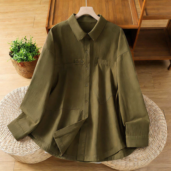 Buddha Stones Chemise en coton à manches longues et col uni pour femme, avec poches, idéale pour le printemps - Olive - US12，UK/AU16，EU44 (2XL) - image 19