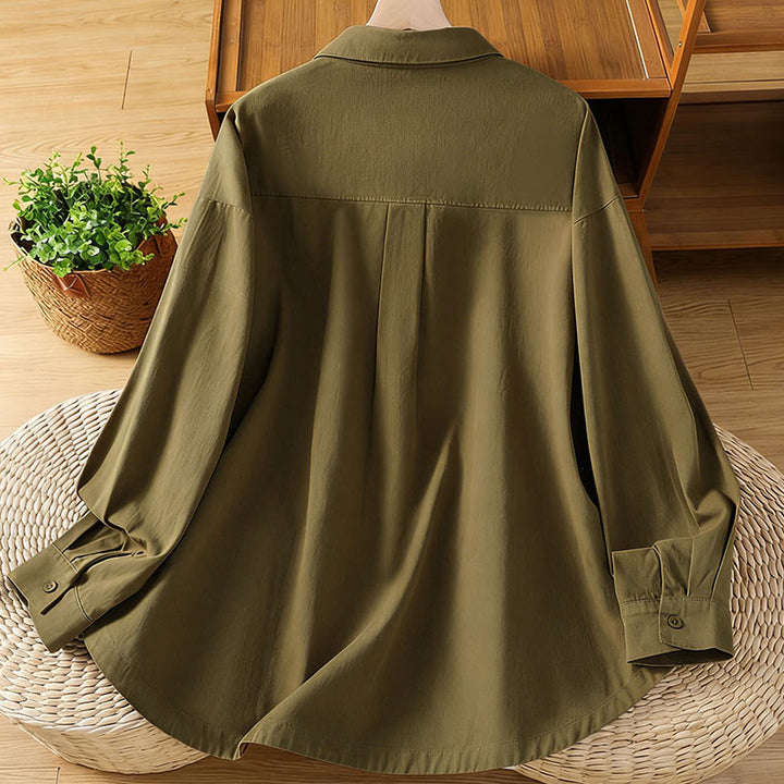 Buddha Stones Chemise en coton à manches longues et col uni pour femme, avec poches, idéale pour le printemps - image 27