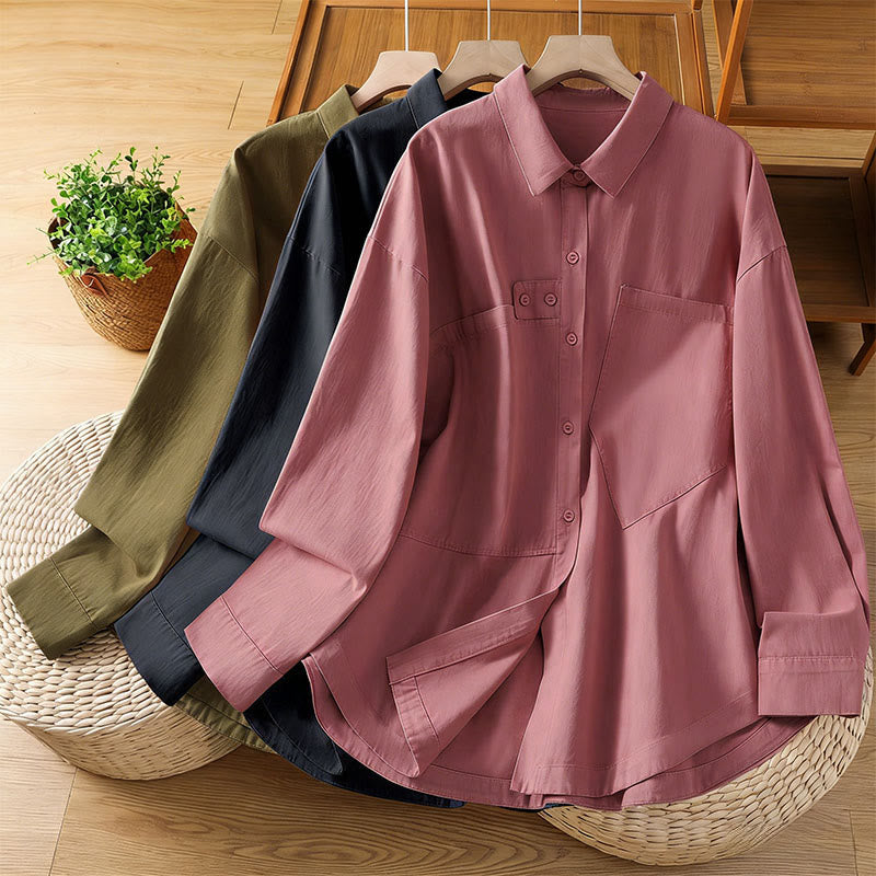 Buddha Stones Chemise en coton à manches longues et col uni pour femme, avec poches, idéale pour le printemps - image 29