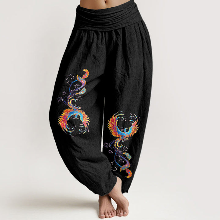 Buddha Stones Pantalon harem pour femme en pur coton, motif phénix magnifique, taille élastique - Noir - US16，UK/AU20，EU48 (3XL) - image 0