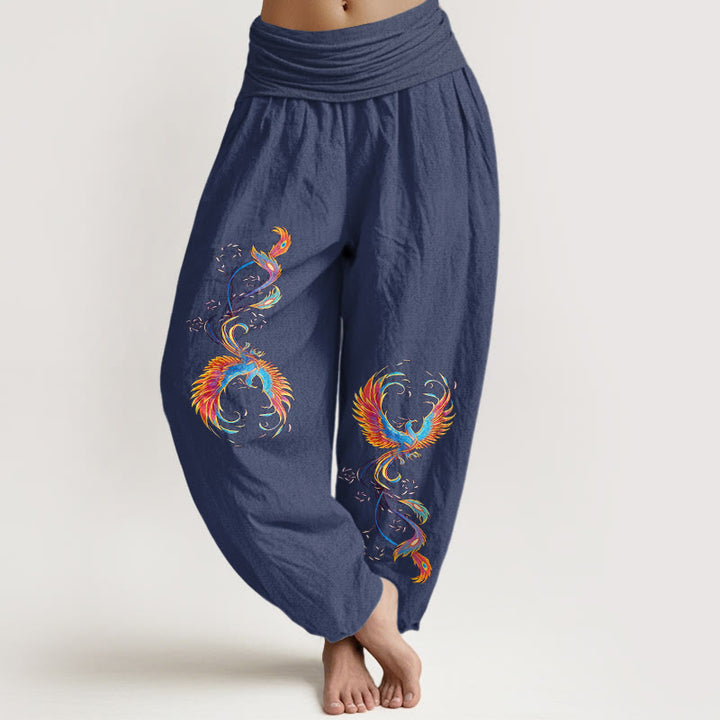 Buddha Stones Pantalon harem pour femme en pur coton, motif phénix magnifique, taille élastique - Bleu ardoise foncé - US16，UK/AU20，EU48 (3XL) - image 5