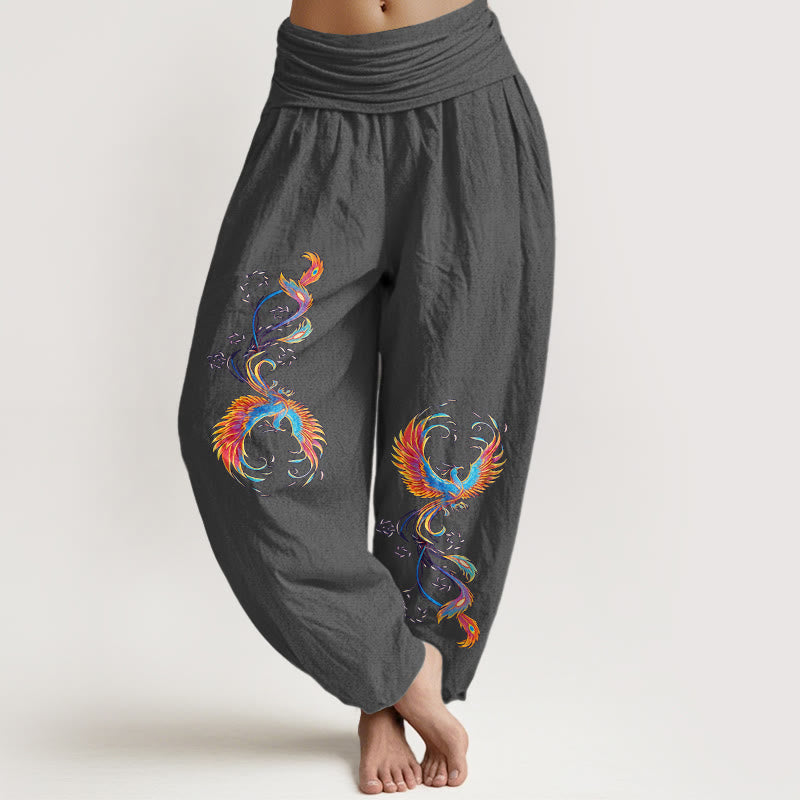 Buddha Stones Pantalon harem pour femme en pur coton, motif phénix magnifique, taille élastique - Gris sombre - US16，UK/AU20，EU48 (3XL) - image 8