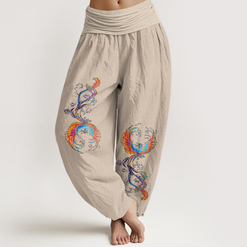 Buddha Stones Pantalon harem pour femme en pur coton, motif phénix magnifique, taille élastique - Tanné - US16，UK/AU20，EU48 (3XL) - image 11