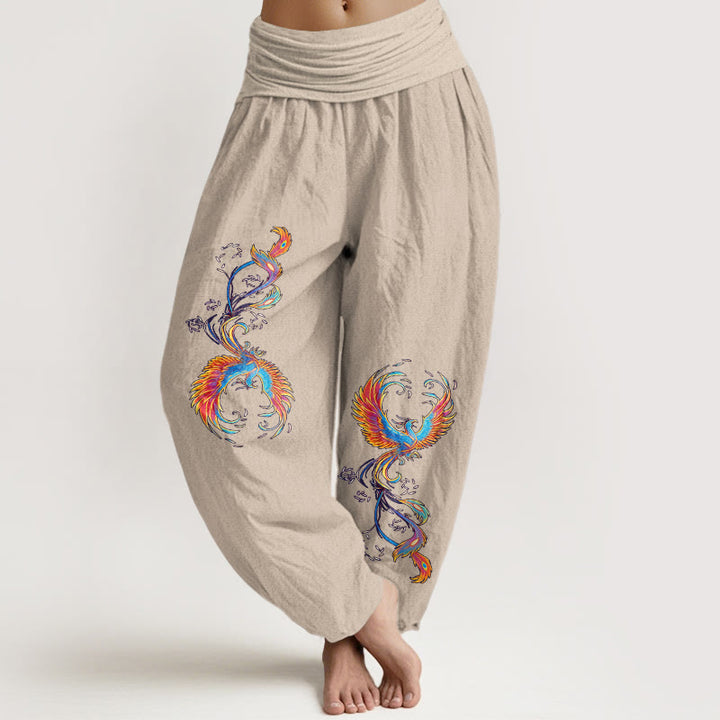 Buddha Stones Pantalon harem pour femme en pur coton, motif phénix magnifique, taille élastique - Tanné - US16，UK/AU20，EU48 (3XL) - image 11