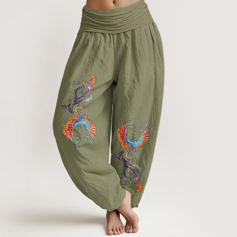 Buddha Stones Pantalon harem pour femme en pur coton, motif phénix magnifique, taille élastique - Vert olive - US16，UK/AU20，EU48 (3XL) - image 14