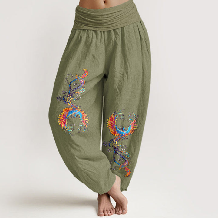 Buddha Stones Pantalon harem pour femme en pur coton, motif phénix magnifique, taille élastique - Vert olive - US16，UK/AU20，EU48 (3XL) - image 14