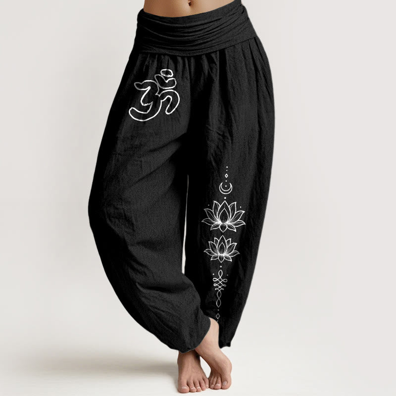 Buddha Stones Pantalon harem pour femme en pur coton, design minimaliste minimaliste avec motif Om, lotus et lune, taille élastique. - Noir - US16，UK/AU20，EU48 (3XL) - image 0