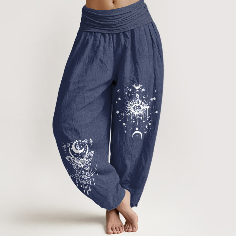 Buddha Stones Pantalon harem pour femme en pur coton, design minimaliste œil-lune-papillon, taille élastique - Bleu ardoise foncé - US16，UK/AU20，EU48 (3XL) - image 0