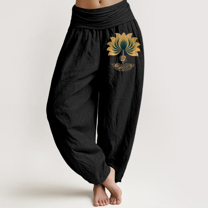 Buddha Stones Pantalon harem pour femme en pur coton, à taille élastique et motif lotus, aux couleurs harmonieuses. - Noir - US16，UK/AU20，EU48 (3XL) - image 0