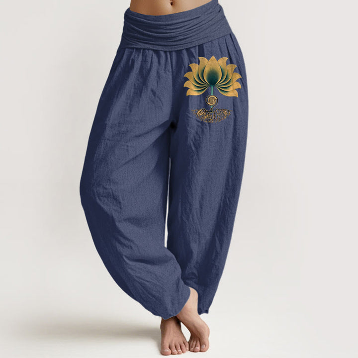 Buddha Stones Pantalon harem pour femme en pur coton, à taille élastique et motif lotus, aux couleurs harmonieuses. - Bleu ardoise foncé - US16，UK/AU20，EU48 (3XL) - image 5