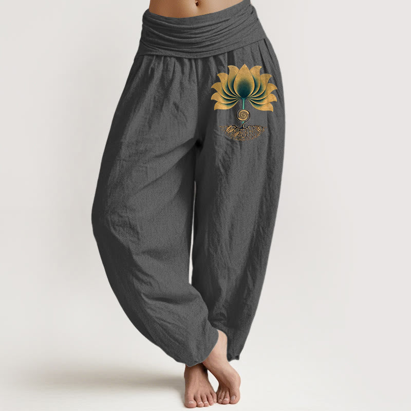 Buddha Stones Pantalon harem pour femme en pur coton, à taille élastique et motif lotus, aux couleurs harmonieuses. - Gris terne - US16，UK/AU20，EU48 (3XL) - image 8